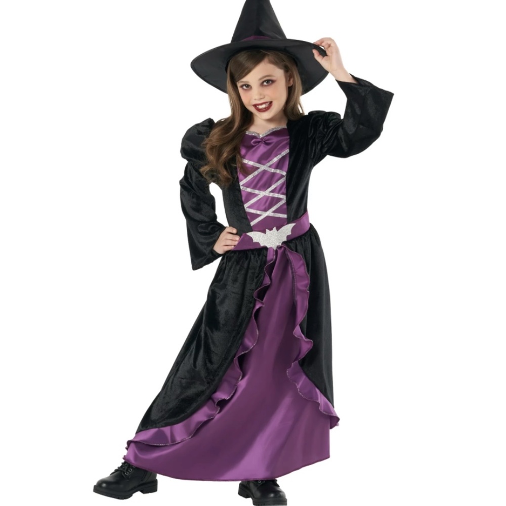 Morph Costume Purple Witch w/Glitter Bat Belt Girls Med 7/8 Cosplay Dress New